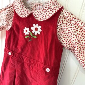 House of Hatten 2pc Red Corduroy Jumper Dress Long Sleeve Cherry Flower Size 12m